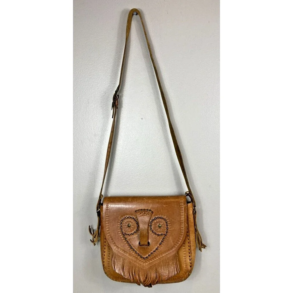 Vintage Leather Hand Tooled & Beaded Handbag Crossbody Tan Fringe Hippie Boho